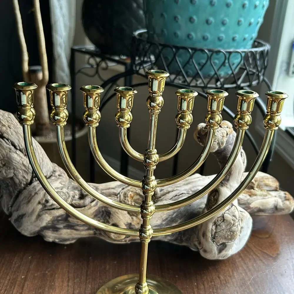 Jewish Chanukiah 9 Branch Menorah Brass Hanukkah Candle Holder - Picture 3 of 9